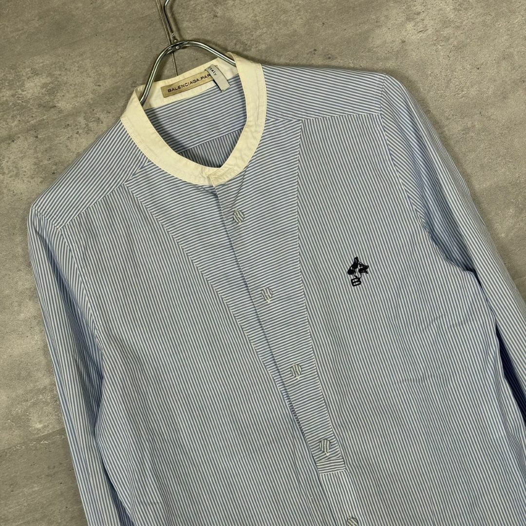 『BALENCIAGA』バレンシアガ (XS) ストライプノーカラーシャツ