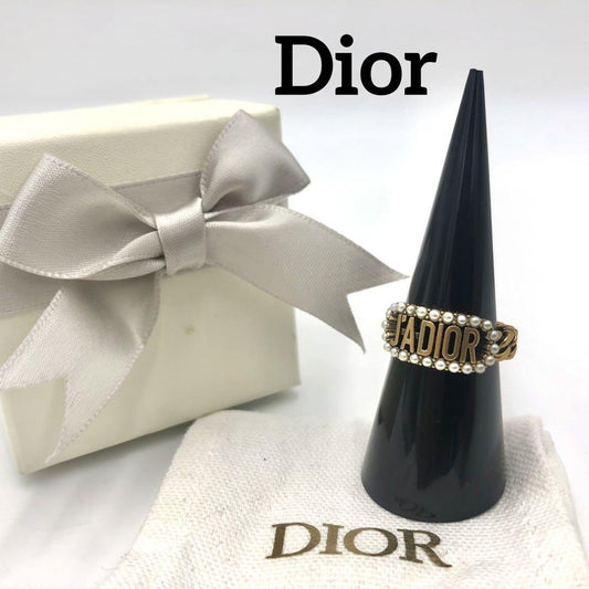 『Dior』ディオール (13号) メタル&パール チェーン リング